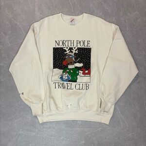 Vintage Jerzees North Pole Travel Club Reindeer Sweatshirt XL Cream Made in USA